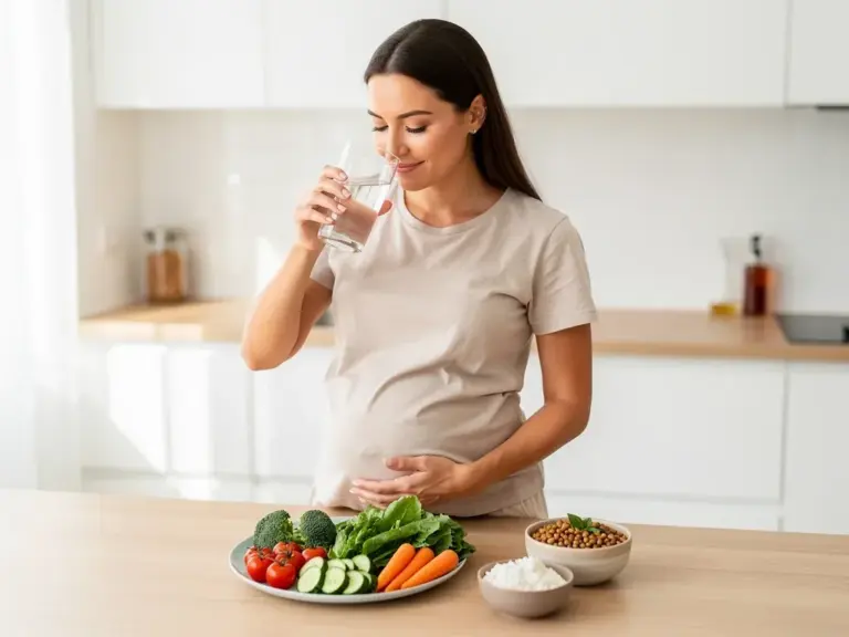 Ernährung 1 Trimester richtig gestalten mit essentiellen Nährstoffen Schwangere Frau ernährt sich gesund mit Obst und Gemüse im ersten Trimester