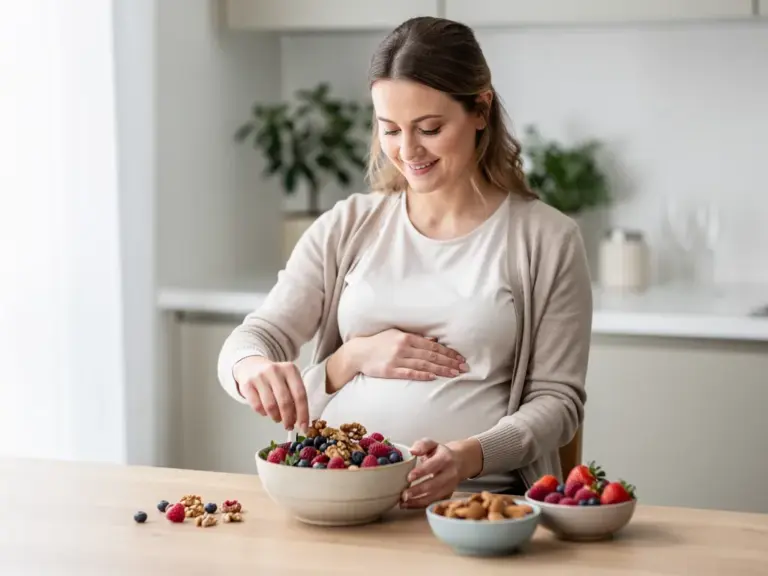 Ernährung ohne Zucker Schwangerschaft: Süße Alternativen Schwangere Frau mit natürlichen süßen Lebensmitteln als zuckerfreie Alternative