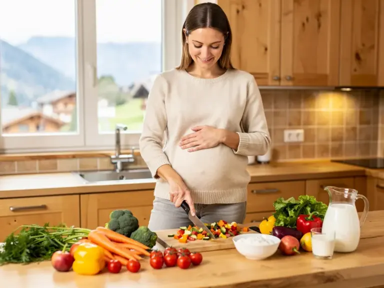 Schwangerschaftsernährung in der Schweiz mit offiziellen Leitlinien sicher planen Schwangere Frau informiert sich über ausgewogene Ernährung in der Schwangerschaft in der Schweiz