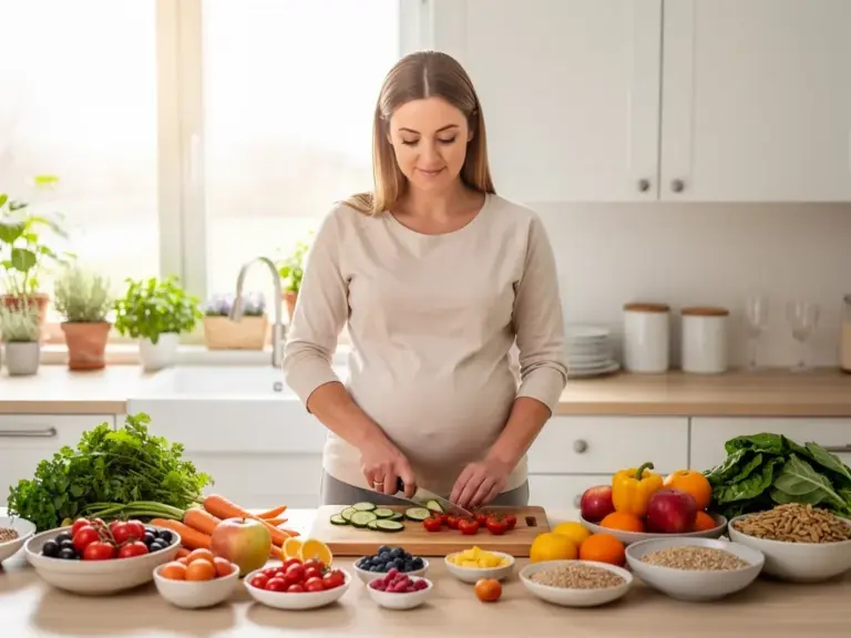 Louwen Ernährung in der Schwangerschaft zur Schmerzlinderung bei der Geburt Schwangere Frau bereitet gesunde Louwen Ernährung zur natürlichen Geburtsvorbereitung vor