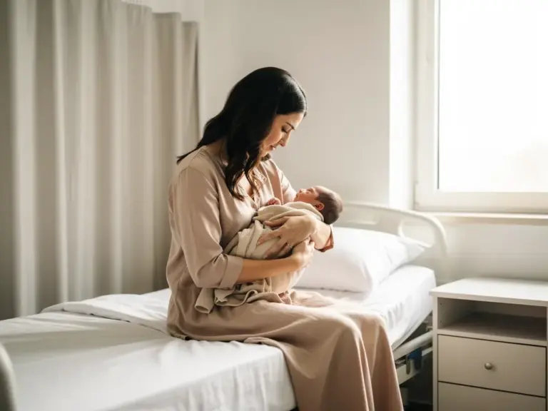Mutter hält traurigen Blick auf neugeborenes Baby bei stiller Geburt im Krankenhauszimmer