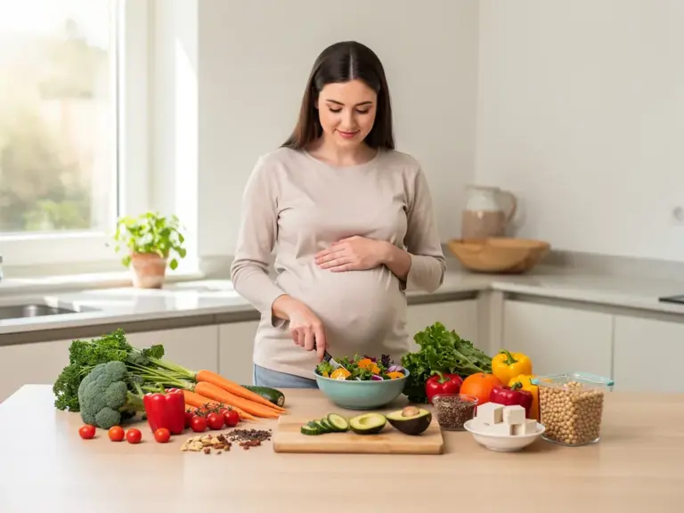 Schwangere Frau bereitet ausgewogene vegane Mahlzeit mit frischem Gemüse und Nüssen