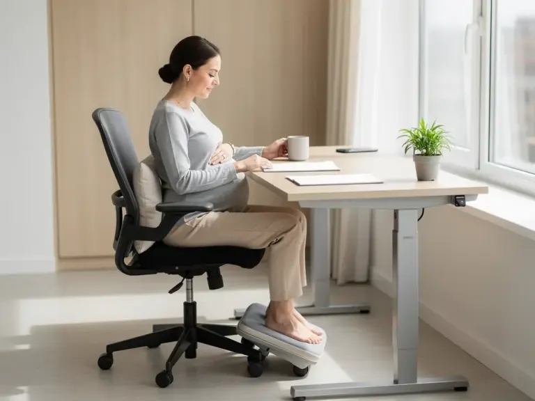 Arbeitsplatz Schwangerschaft: Sicher und effektiv gestalten Ergonomisch eingerichteter Büroarbeitsplatz für schwangere Frau zum gesunden Arbeiten