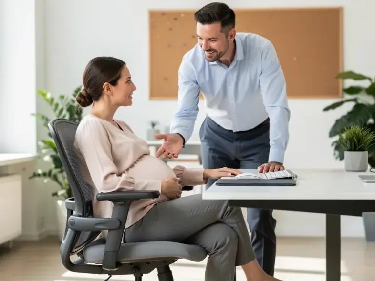 So gestalten Betriebe die Arbeitsplatzsicherheit für Schwangere effektiv Schwangere Mitarbeiterin am sicheren und ergonomisch gestalteten Arbeitsplatz im Betrieb