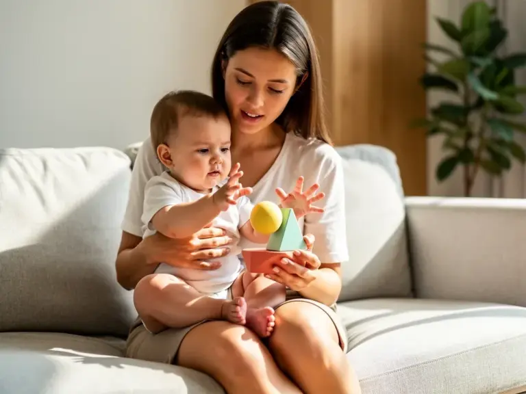 Wie sich Baby-Entwicklung definieren lässt – die wichtigsten Grundlagen Lächelndes Baby liegt auf einer Decke und greift nach einem bunten Spielzeug