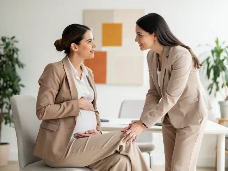 Wie Schwangere ihren Beruf erfolgreich an neue Anforderungen anpassen können Schwangere Frau im Büro bespricht flexible Arbeitszeit und Gesundheitsschutz mit Arbeitgeber