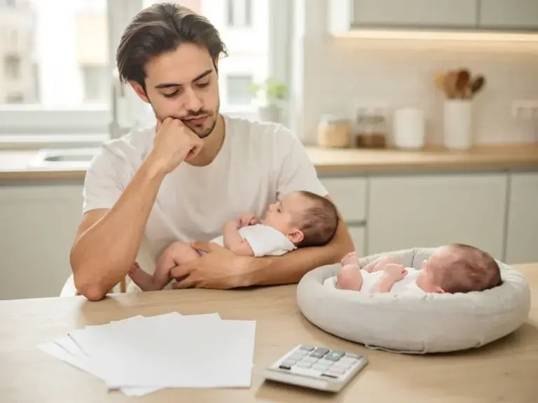 Mutter mit Baby und Laptop informiert sich über Elterngeld für Arbeitslose zuhause