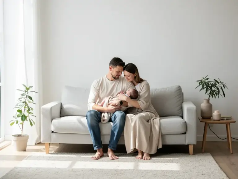 Elterngeld und Elternzeit: Eine klare Definition Illustration von Elterngeld und Elternzeit mit Mutter, Vater und Baby zuhause