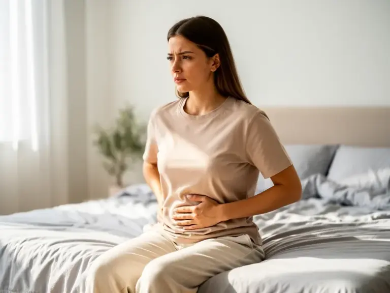 Junge Frau hält sich den Bauch und schaut nachdenklich auf einen positiven Schwangerschaftstest