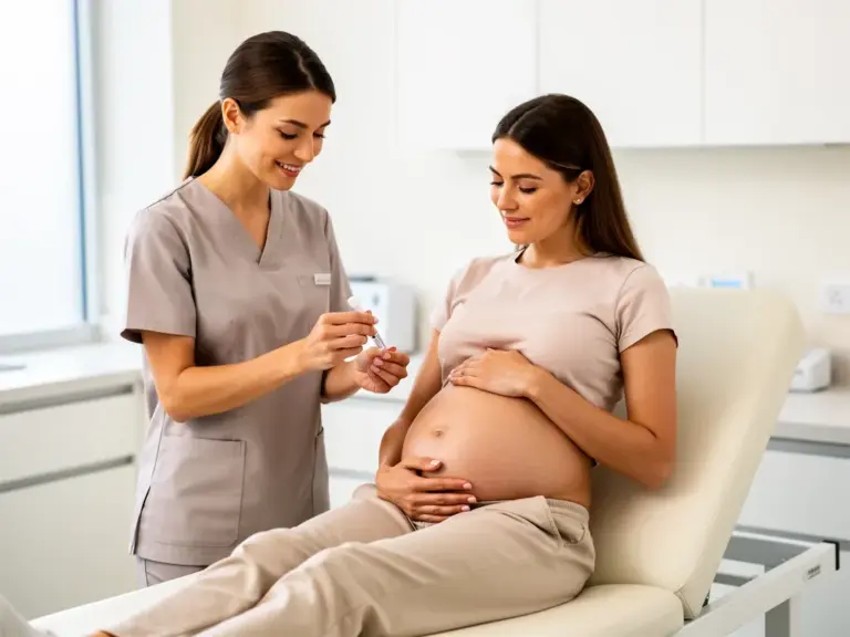 Gdf15 während der Schwangerschaft: Funktion und Bedeutung für das Baby Schwangere Frau mit Plazenta Symbol und schematischer Darstellung des Gdf15 Hormons