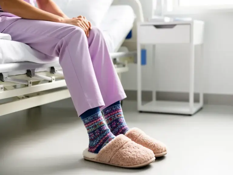 Hausschuhe und Socken für warme Füße im Klinikalltag gegen Kälte