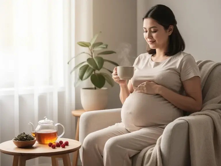 Himbeerblättertee in der Schwangerschaft vor der Geburt sicher anwenden Tasse Himbeerblättertee zur sanften Geburtsvorbereitung in der späten Schwangerschaft