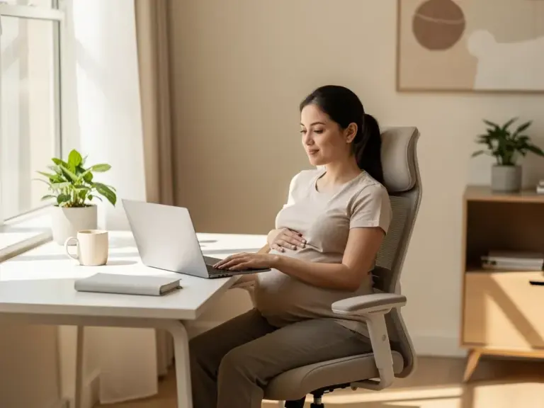 Homeoffice in der Schwangerschaft Schwangere Frau arbeitet ergonomisch im Homeoffice mit Laptop und Kinderzimmer im Hintergrund