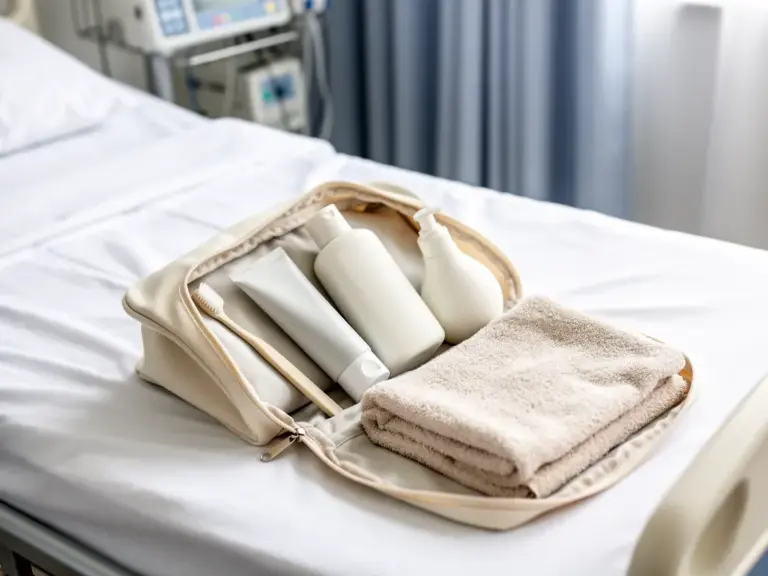 Hygienische Kliniktasche mit Komfortartikeln für den Krankenhausaufenthalt vorbereiten