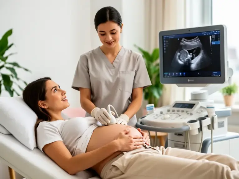Was die intrauterine Schwangerschaft bedeutet und wie sie verläuft Schwangere Frau bei Ultraschalluntersuchung intrauterine Schwangerschaft Bedeutung für gesunde Babyentwicklung