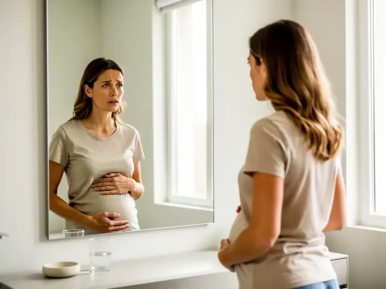 Frau hält sich den Bauch und wirkt überrascht typische Situation einer kryptischen Schwangerschaft