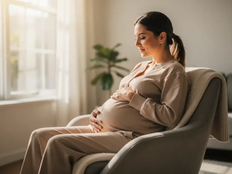 Mutterschutz Baby: Was er bedeutet und wie er die erste Zeit schützt Schwangere Frau hält sanft ihr Neugeborenes im geschützten Zuhause
