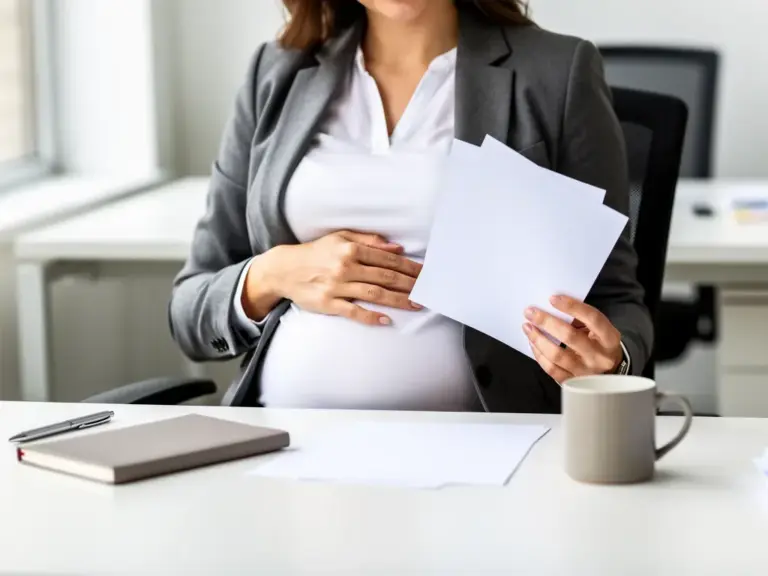 Schwangere Frau im Büro informiert sich über das Mutterschutzgesetz und ihre Rechte