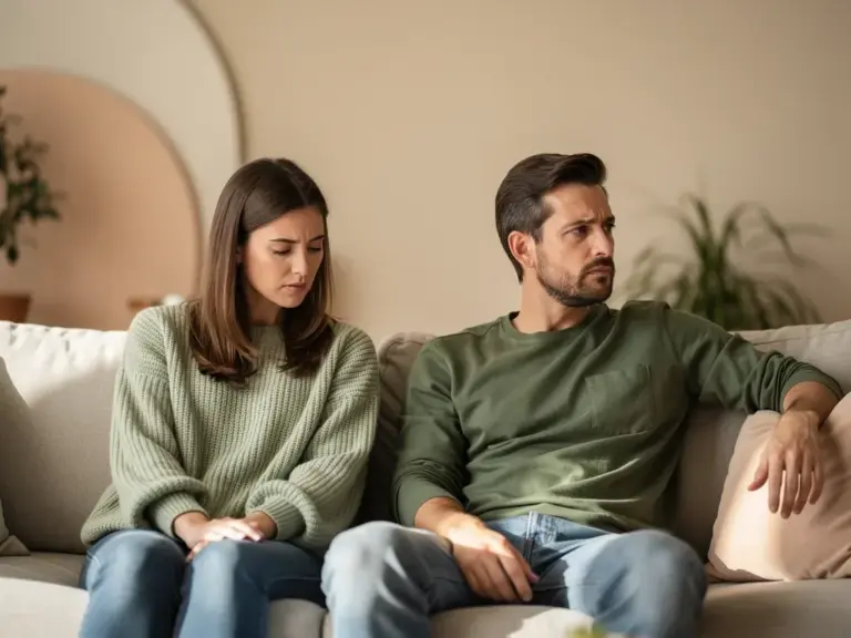 Wenn der Partner beim Kinderwunsch zurückhaltend ist richtig reagieren Paar im Gespräch zeigt unterschiedliche Gefühle beim Thema gemeinsamer Kinderwunsch