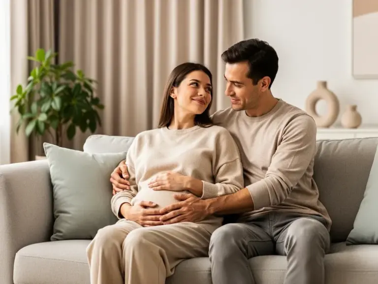 Schwangerschaft: Was Männer wissen müssen, um ihr Kind zu begleiten Werdender Vater hält sanft die Hand auf den Babybauch seiner schwangeren Partnerin