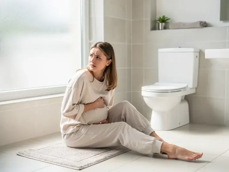 Schwangerschaftssymptome Durchfall verstehen und sicher damit umgehen Schwangere Frau hält sich besorgt den Bauch bei Durchfall im ersten Trimester