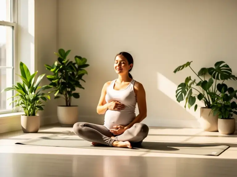 Schwangere Frau praktiziert Schwangerschaftsyoga zur Förderung von Entspannung und Fitness