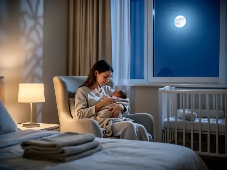 Stillen und Schlaf: Routinen für Baby und Mutter Stillende Mutter mit schlafendem Baby in ruhiger nächtlicher Umgebung