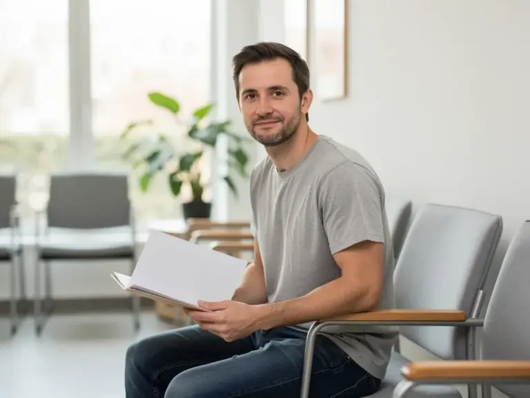 Vater unterschreibt Vaterschaftsanerkennung vor einem Amtsschalter mit Dokumenten