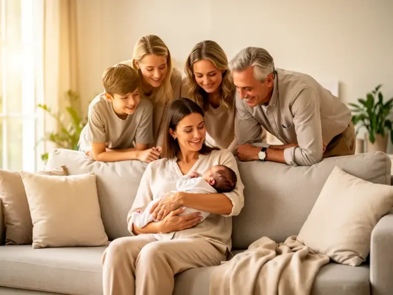 Harmonischer Wochenbett Besuch mit Familie und Unterstützung für frischgebackene Eltern
