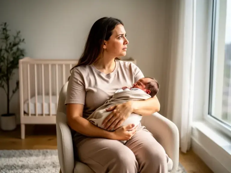 Ein Blick auf die Wochenbett-Psyche: Babyblues verstehen und bewältigen Bild einer Mutter, die die emotionalen Herausforderungen der Wochenbett-Psyche meistert