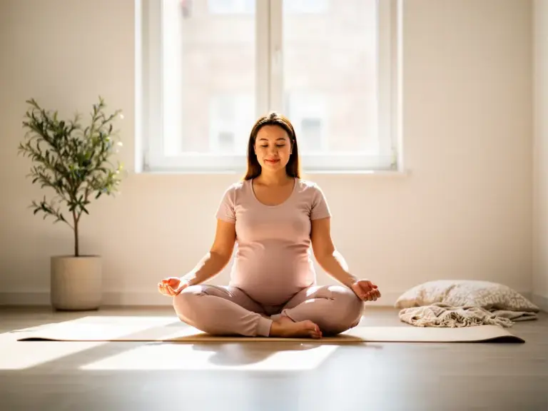 Frischgebackene Mutter praktiziert Wochenbett Yoga zur Entspannung und Rückbildung
