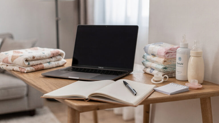Homeoffice mit Laptop, Kalender und Babyutensilien für die Selbstständigkeit nach der Geburt